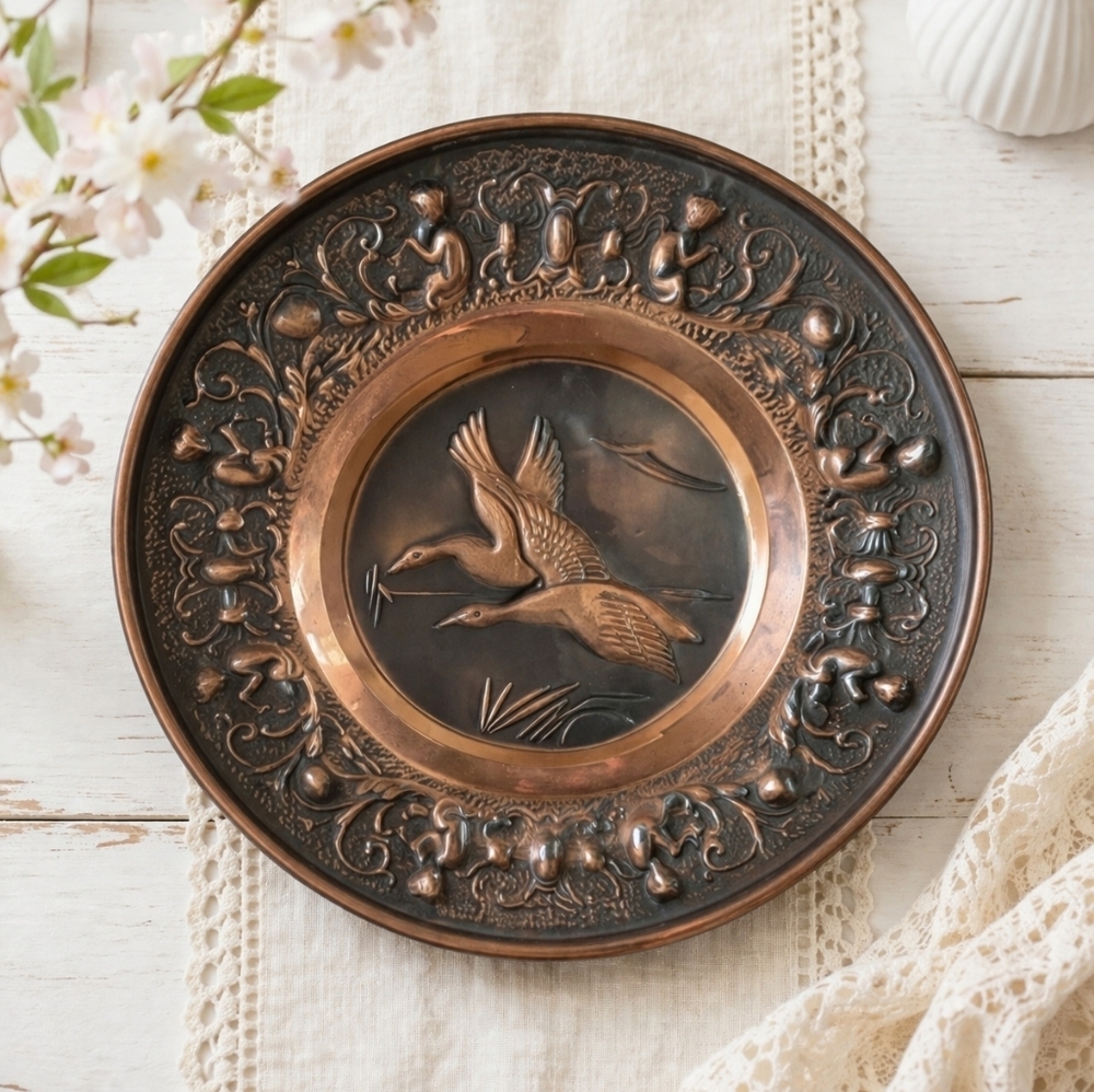 Antique Copper Plate Birds Hand Engraved Cottagecore Farmhouse Wall Decor